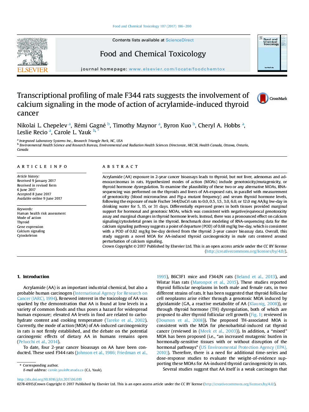 Transcriptional profiling of male F344 rats suggests the involvement of calcium signaling in the mode of action of acrylamide-induced thyroid cancer