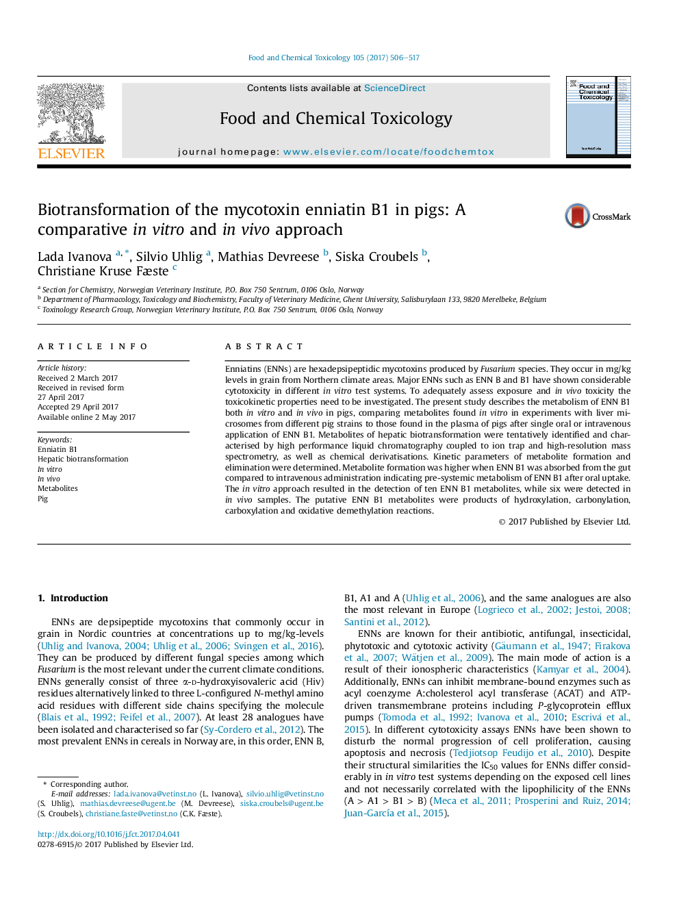 Biotransformation of the mycotoxin enniatin B1 in pigs: A comparative inÂ vitro and inÂ vivo approach