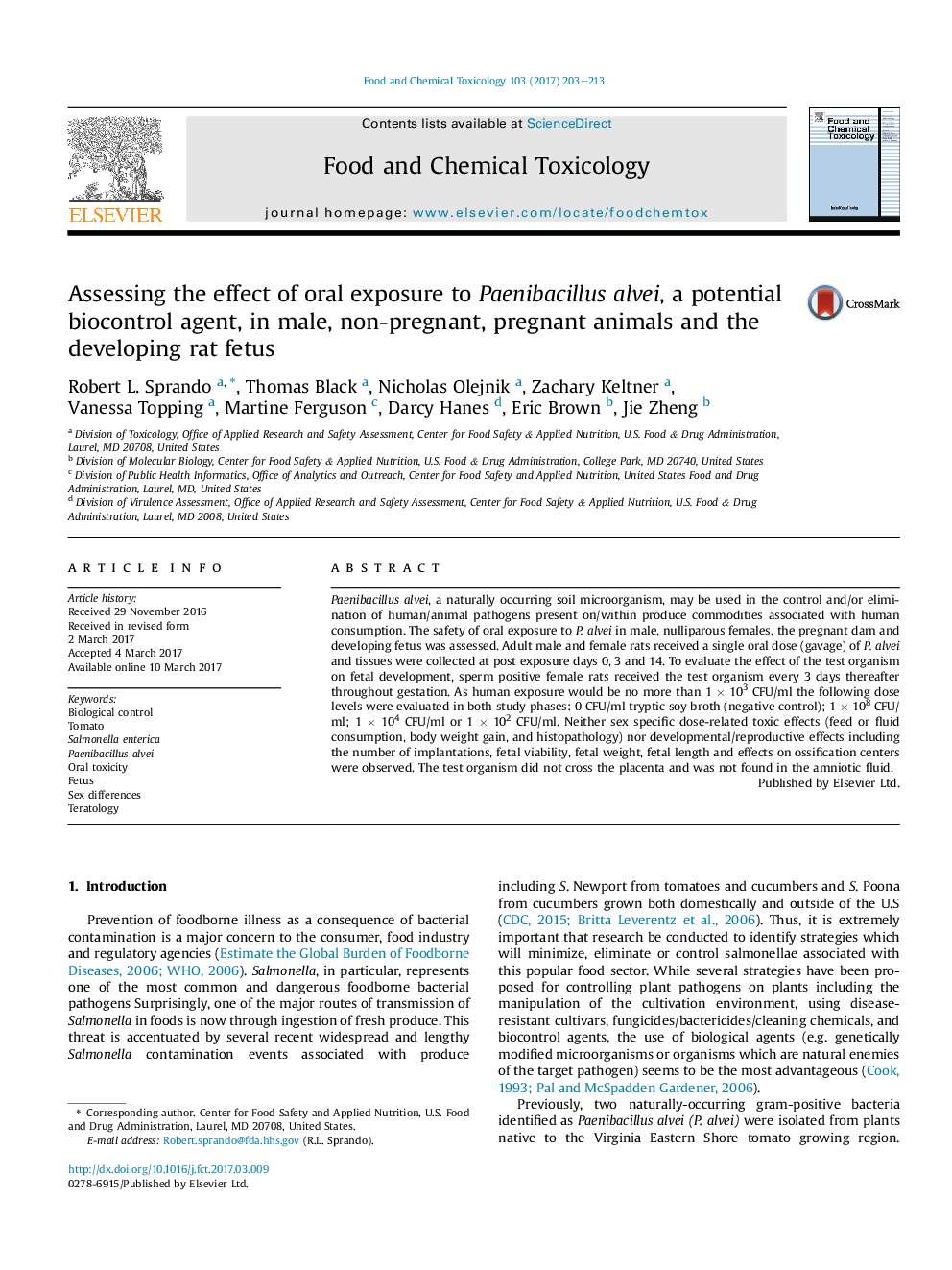 Assessing the effect of oral exposure to Paenibacillus alvei, a potential biocontrol agent, in male, non-pregnant, pregnant animals and the developing rat fetus