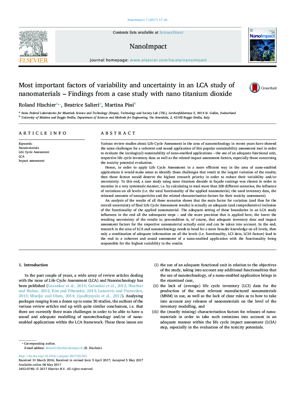 Most important factors of variability and uncertainty in an LCA study of nanomaterials - Findings from a case study with nano titanium dioxide