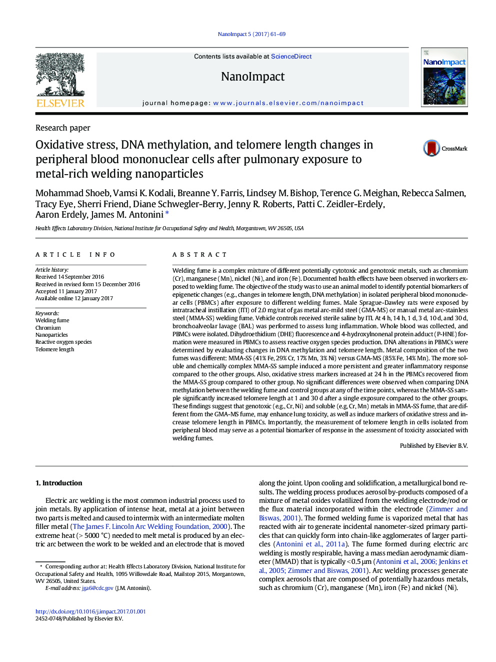 Oxidative stress, DNA methylation, and telomere length changes in peripheral blood mononuclear cells after pulmonary exposure to metal-rich welding nanoparticles