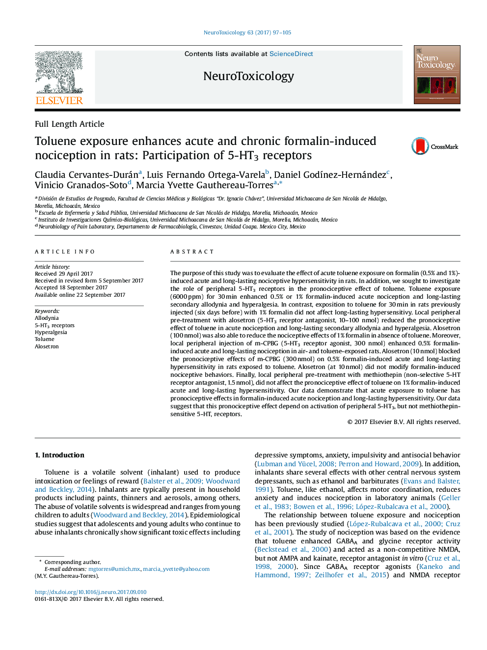 Toluene exposure enhances acute and chronic formalin-induced nociception in rats: Participation of 5-HT3 receptors