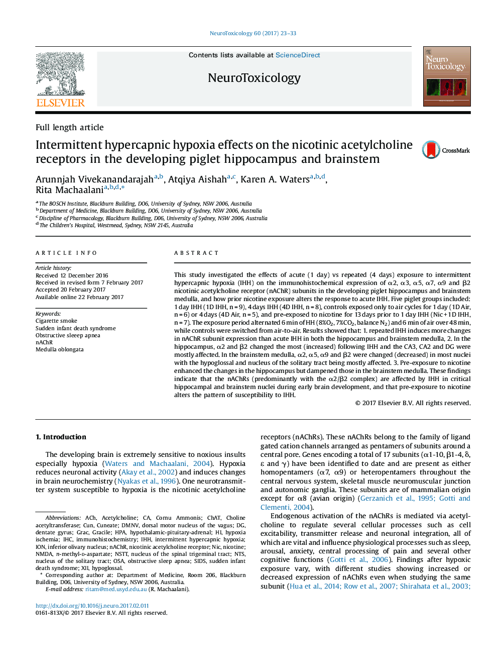Intermittent hypercapnic hypoxia effects on the nicotinic acetylcholine receptors in the developing piglet hippocampus and brainstem
