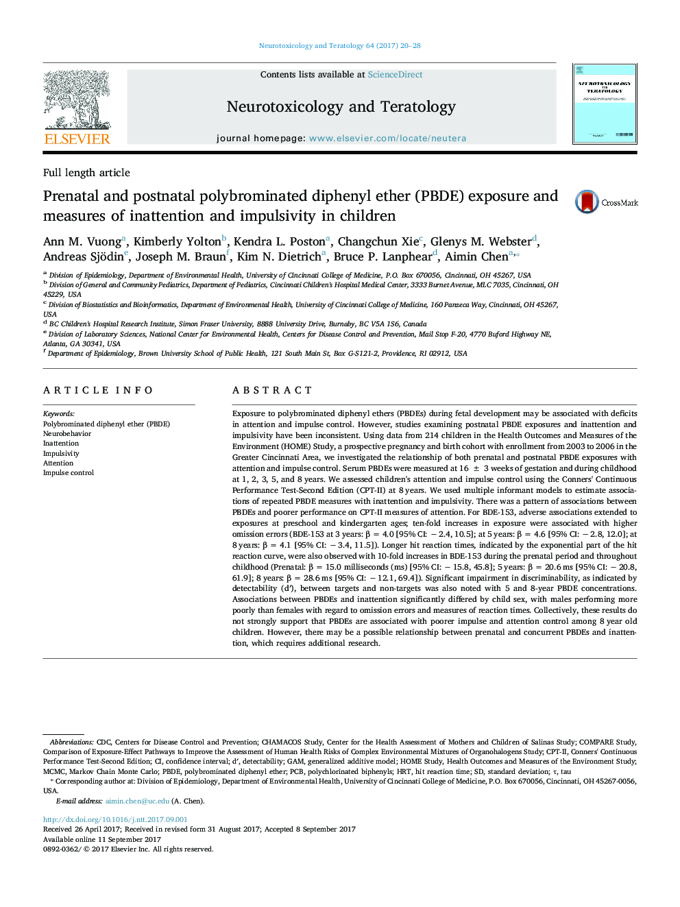 Full length articlePrenatal and postnatal polybrominated diphenyl ether (PBDE) exposure and measures of inattention and impulsivity in children