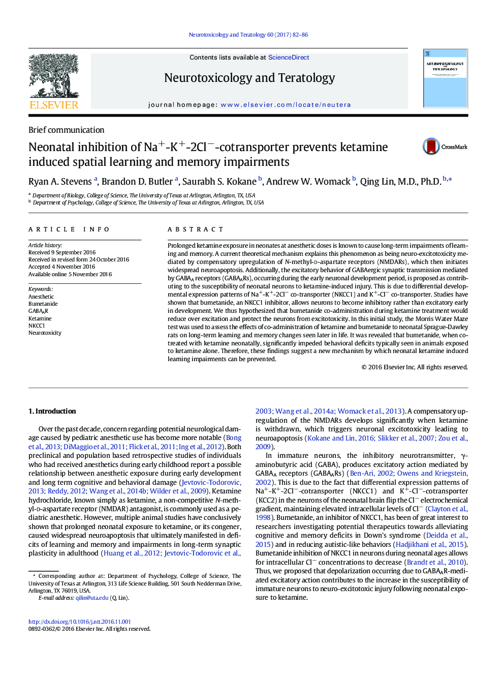 Neonatal inhibition of Na+-K+-2Clâ-cotransporter prevents ketamine induced spatial learning and memory impairments