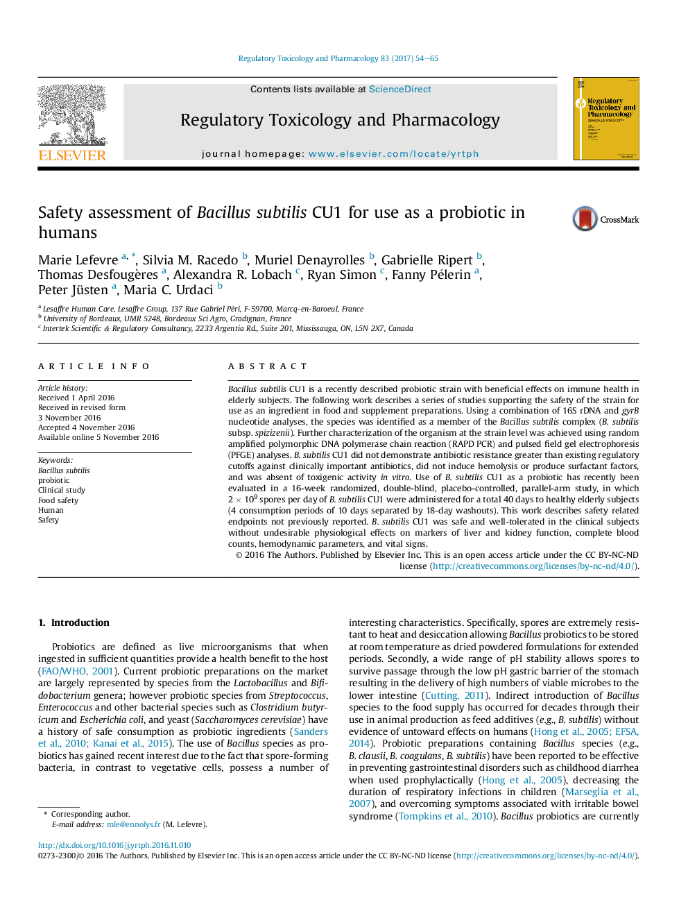 Safety assessment of Bacillus subtilis CU1 for use as a probiotic in humans