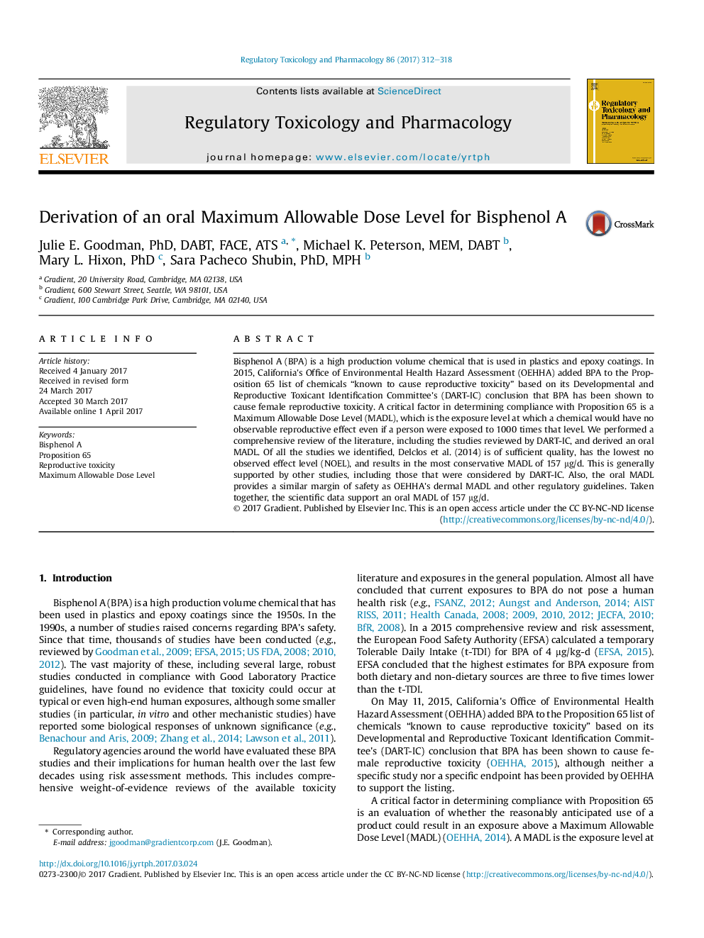 Derivation of an oral Maximum Allowable Dose Level for Bisphenol A