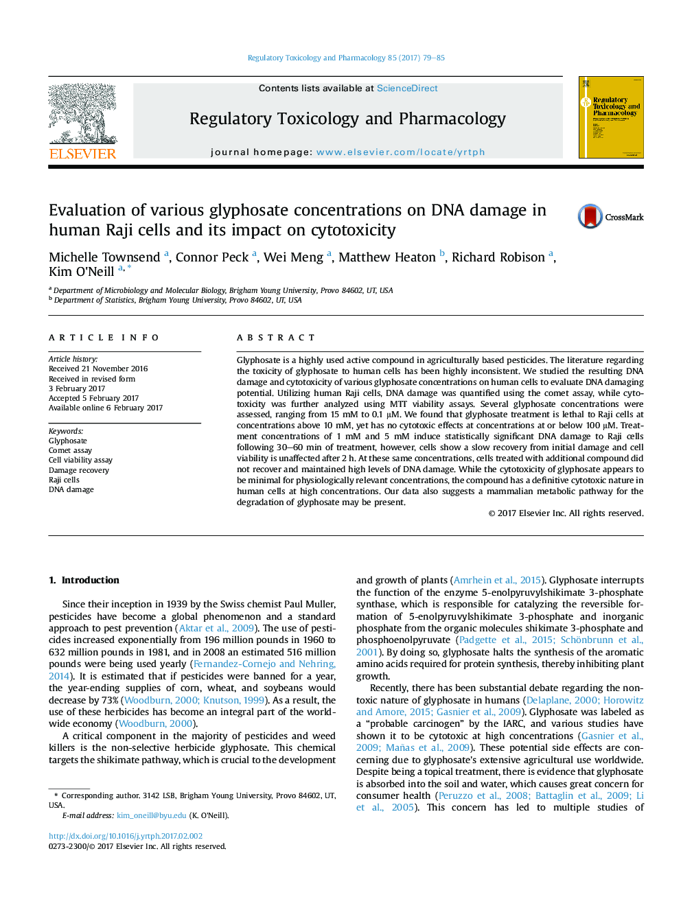 Evaluation of various glyphosate concentrations on DNA damage in human Raji cells and its impact on cytotoxicity