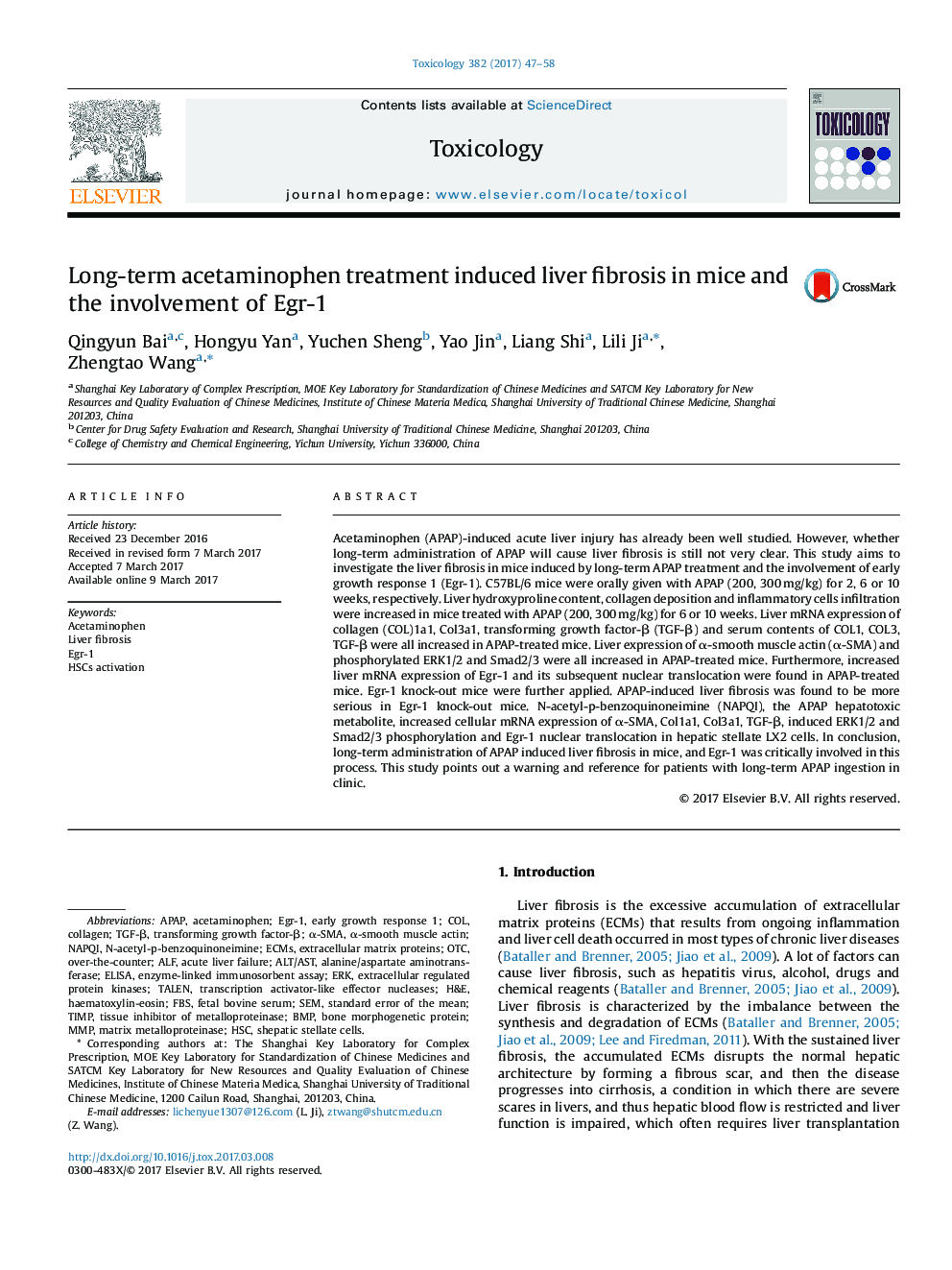 Long-term acetaminophen treatment induced liver fibrosis in mice and the involvement of Egr-1