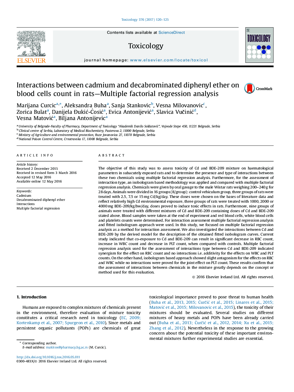 Interactions between cadmium and decabrominated diphenyl ether on blood cells count in rats-Multiple factorial regression analysis