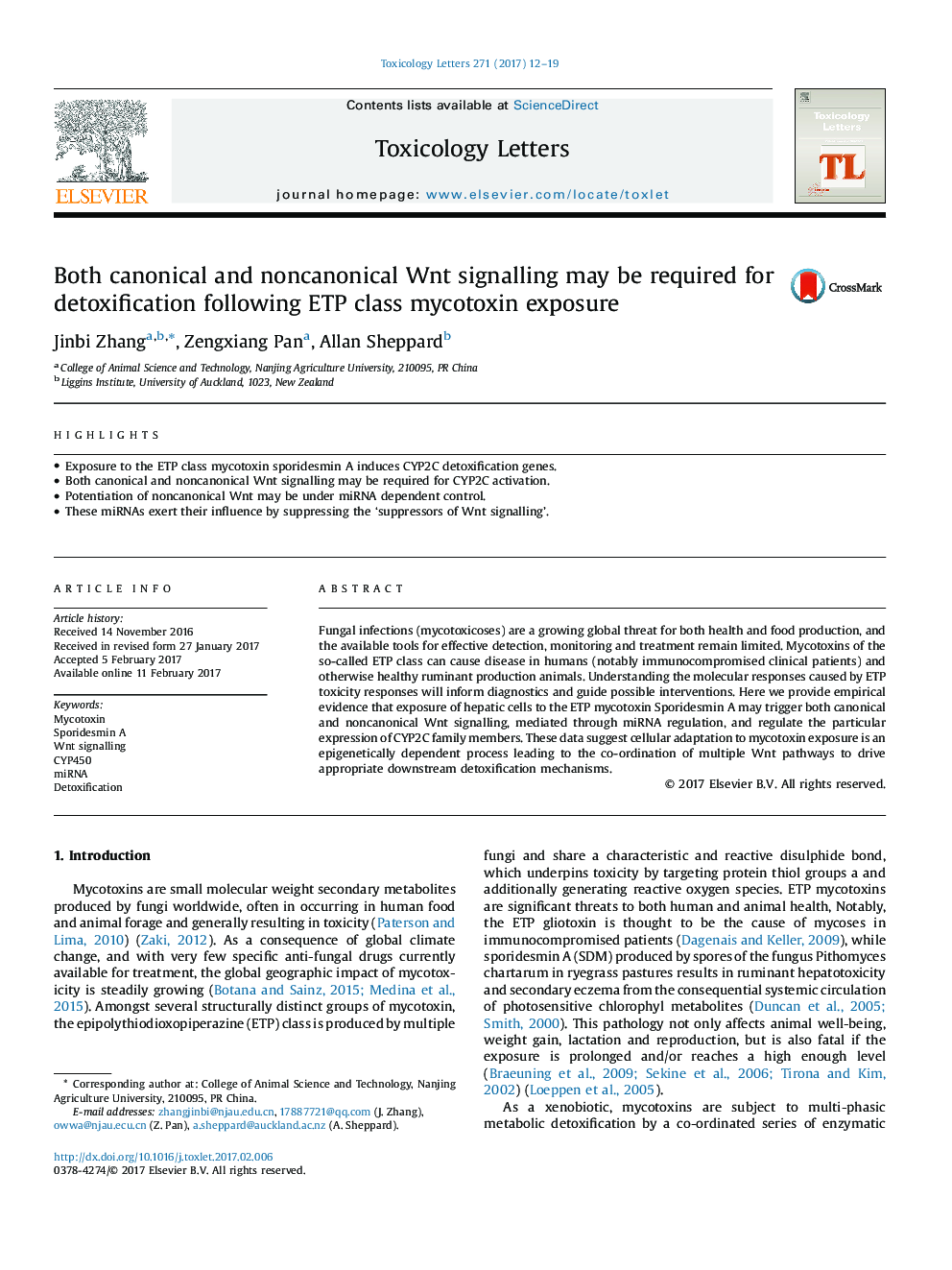 Both canonical and noncanonical Wnt signalling may be required for detoxification following ETP class mycotoxin exposure