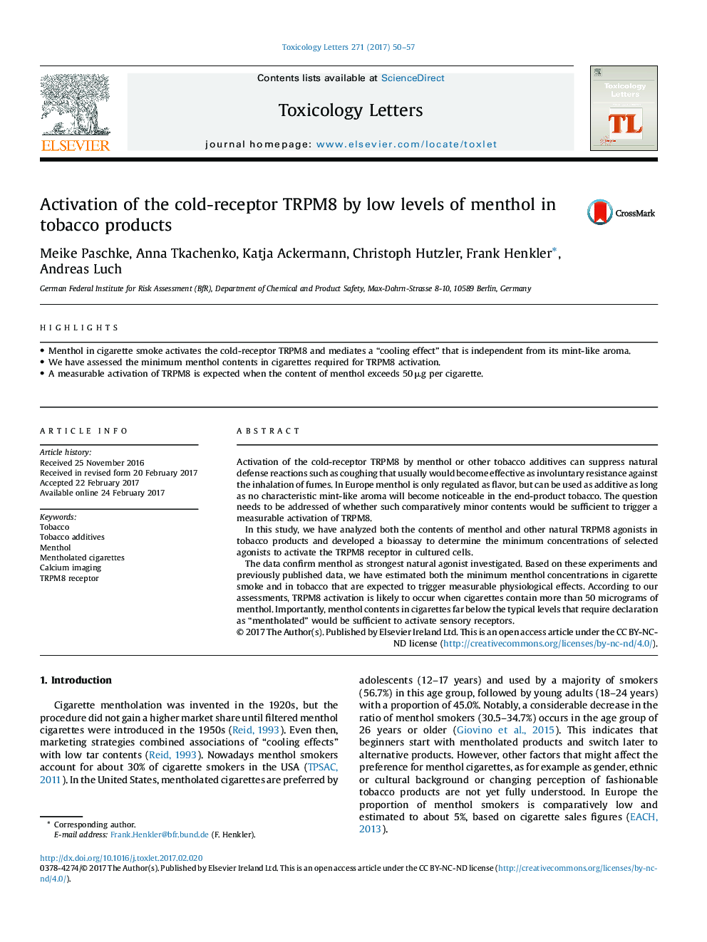 Activation of the cold-receptor TRPM8 by low levels of menthol in tobacco products