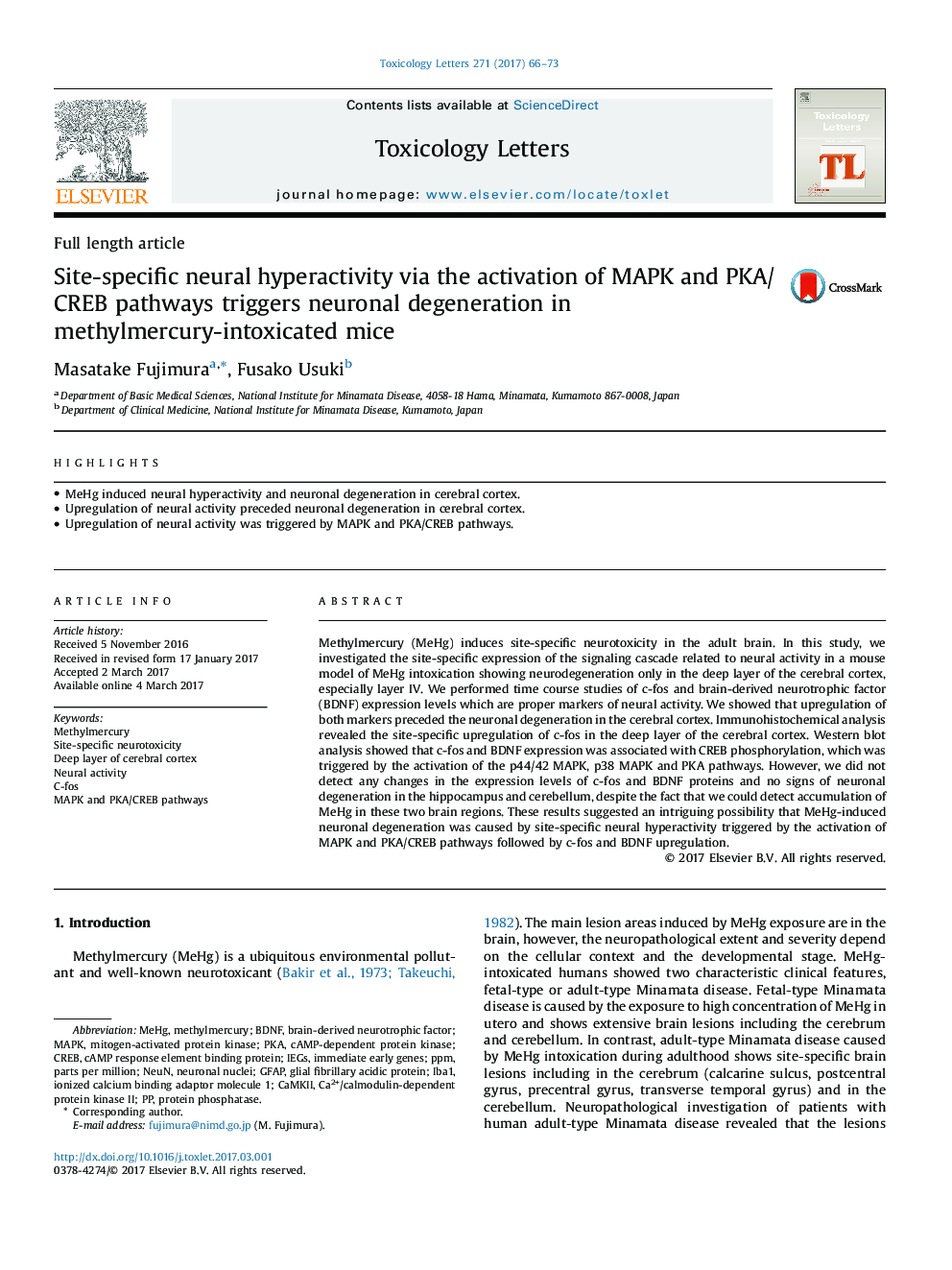 Site-specific neural hyperactivity via the activation of MAPK and PKA/CREB pathways triggers neuronal degeneration in methylmercury-intoxicated mice