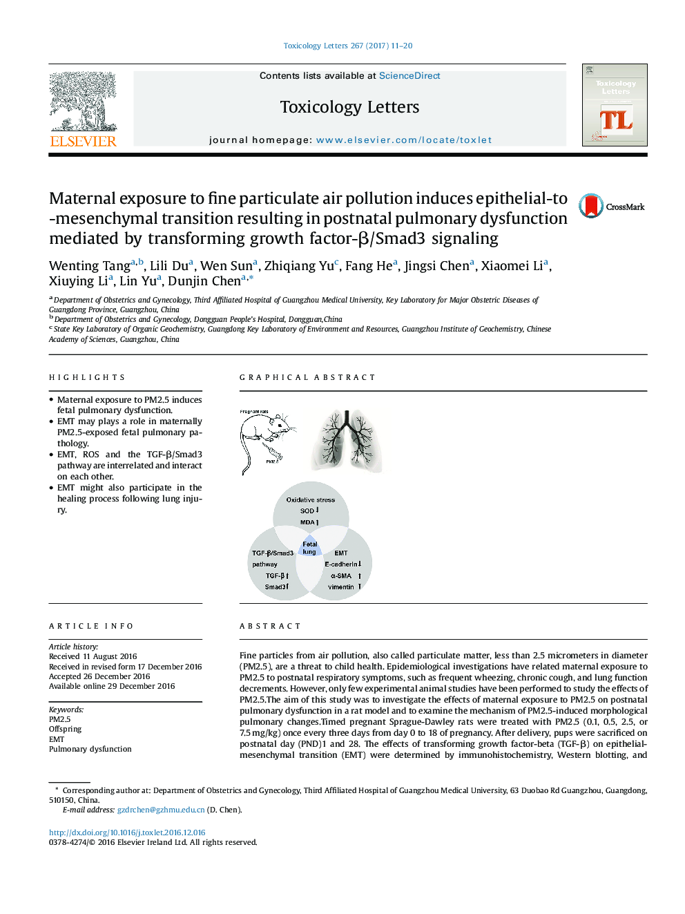 Maternal exposure to fine particulate air pollution induces epithelial-to-mesenchymal transition resulting in postnatal pulmonary dysfunction mediated by transforming growth factor-Î²/Smad3 signaling