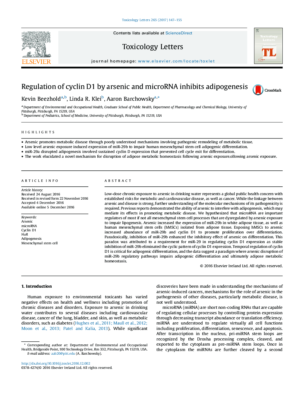 Regulation of cyclin D1 by arsenic and microRNA inhibits adipogenesis