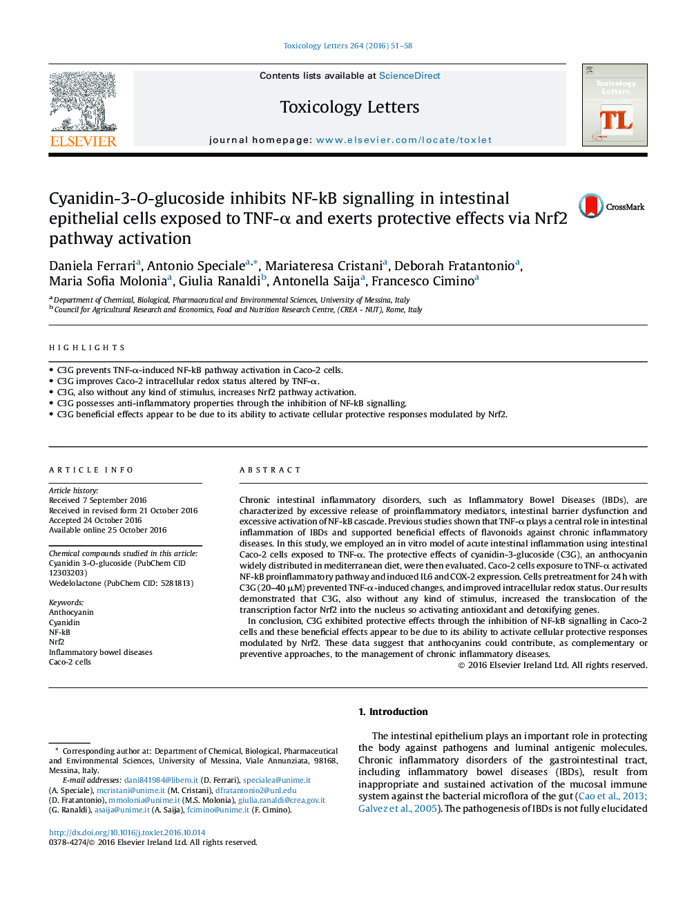 Cyanidin-3-O-glucoside inhibits NF-kB signalling in intestinal epithelial cells exposed to TNF-Î± and exerts protective effects via Nrf2 pathway activation