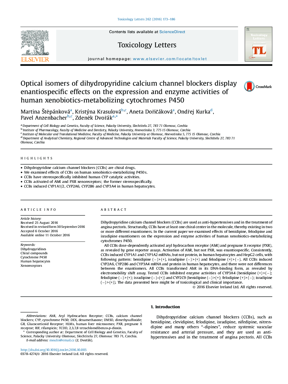 Optical isomers of dihydropyridine calcium channel blockers display enantiospecific effects on the expression and enzyme activities of human xenobiotics-metabolizing cytochromes P450