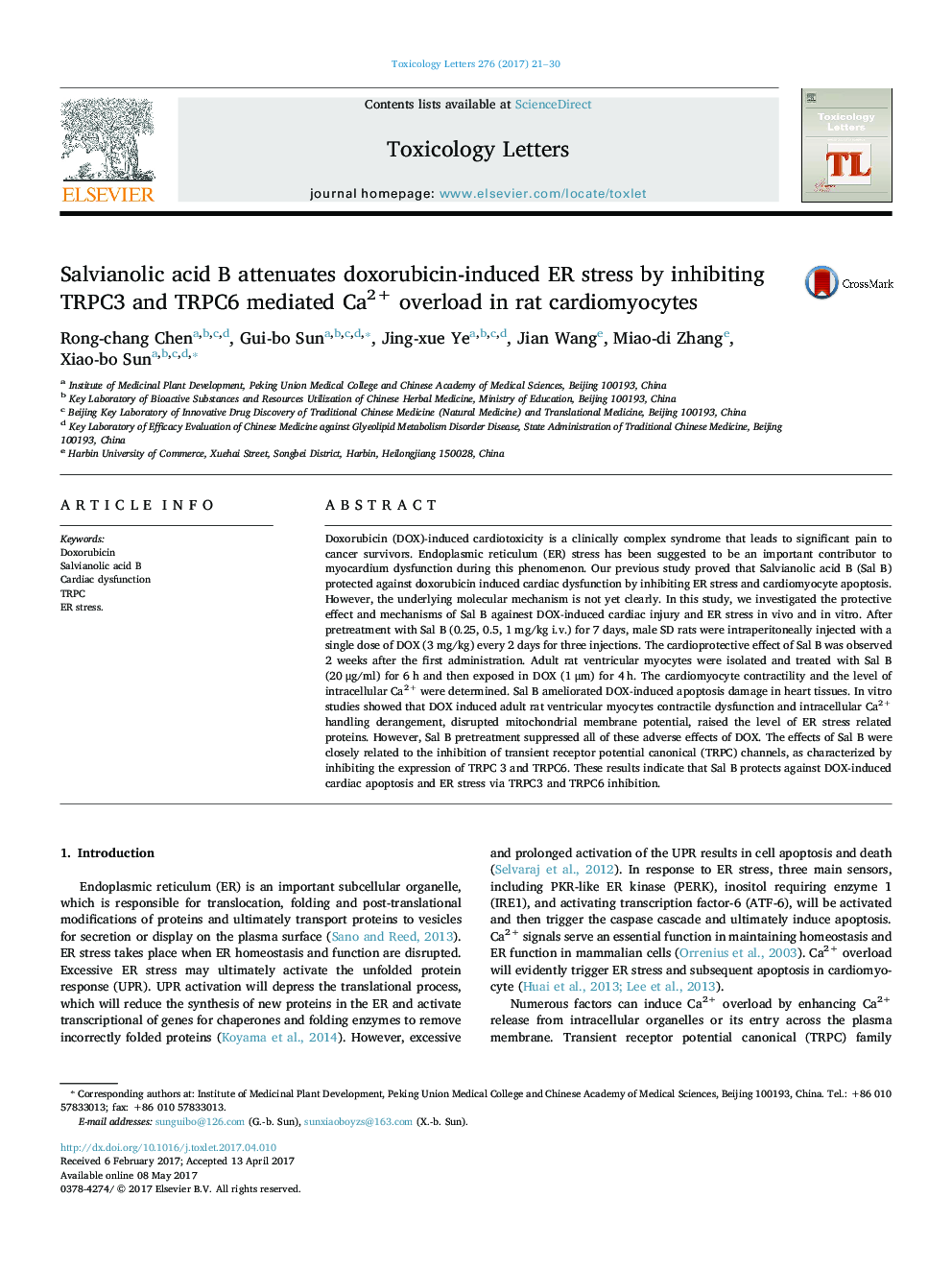 Salvianolic acid B attenuates doxorubicin-induced ER stress by inhibiting TRPC3 and TRPC6 mediated Ca2+ overload in rat cardiomyocytes