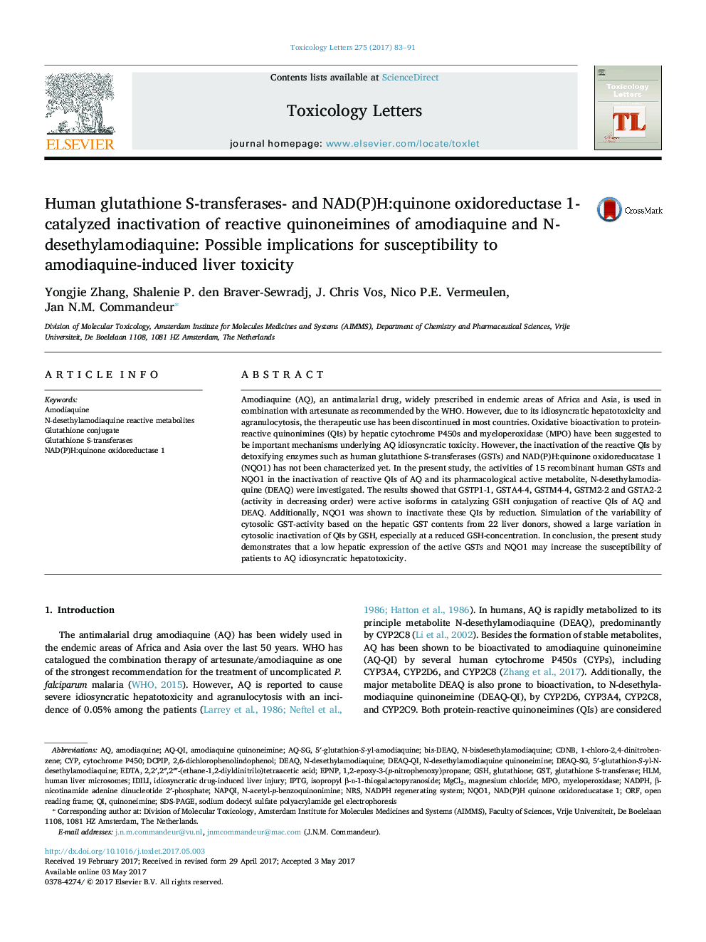 Human glutathione S-transferases- and NAD(P)H:quinone oxidoreductase 1-catalyzed inactivation of reactive quinoneimines of amodiaquine and N-desethylamodiaquine: Possible implications for susceptibility to amodiaquine-induced liver toxicity