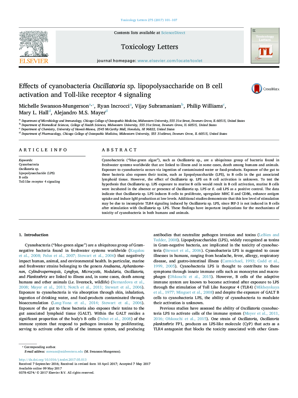 Effects of cyanobacteria Oscillatoria sp. lipopolysaccharide on B cell activation and Toll-like receptor 4 signaling