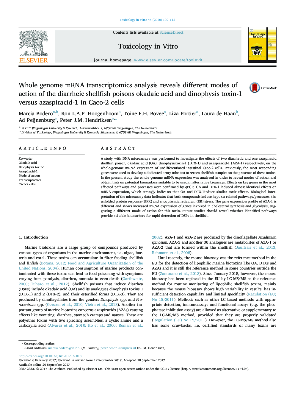 Whole genome mRNA transcriptomics analysis reveals different modes of action of the diarrheic shellfish poisons okadaic acid and dinophysis toxin-1 versus azaspiracid-1 in Caco-2 cells