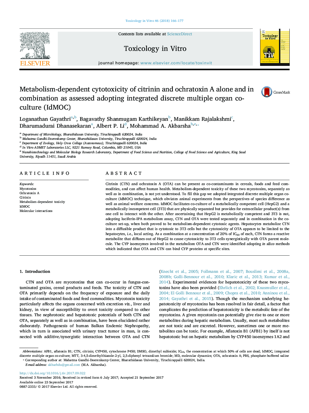 Metabolism-dependent cytotoxicity of citrinin and ochratoxin A alone and in combination as assessed adopting integrated discrete multiple organ co-culture (IdMOC)