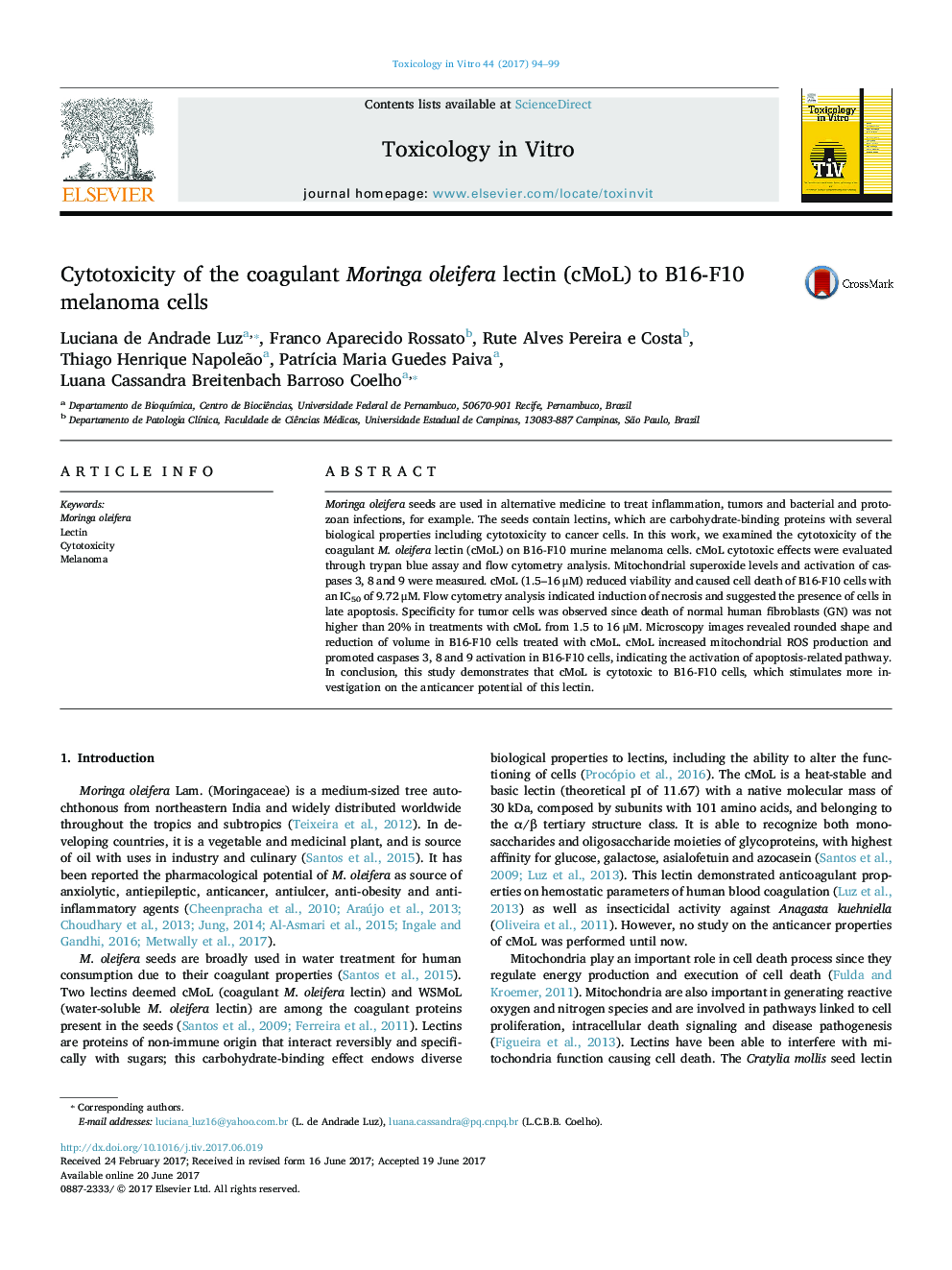 Cytotoxicity of the coagulant Moringa oleifera lectin (cMoL) to B16-F10 melanoma cells