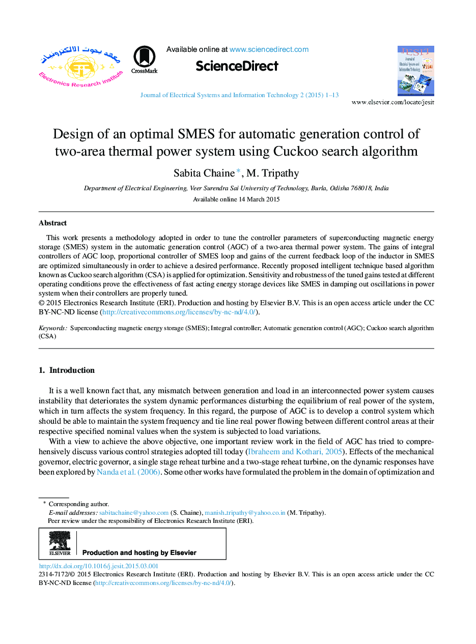 Design of an optimal SMES for automatic generation control of two-area thermal power system using Cuckoo search algorithm 
