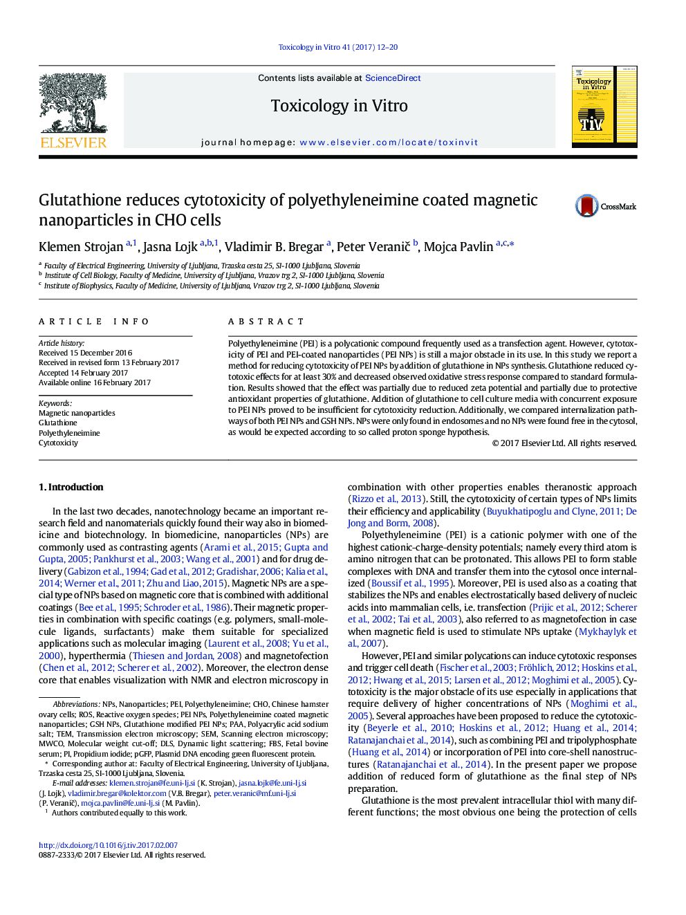 Glutathione reduces cytotoxicity of polyethyleneimine coated magnetic nanoparticles in CHO cells