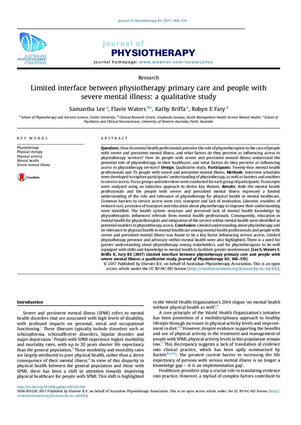 رابط کاربری محدود بین مراقبت های اولیه فیزیوتراپی و افراد مبتلا به بیماری های شدید روانی: یک مطالعه کیفی 