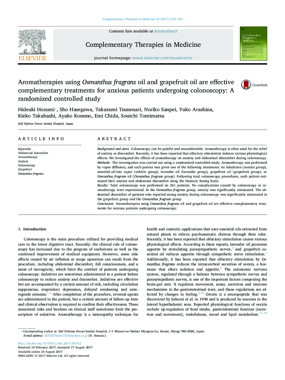 Aromatherapies using Osmanthus fragrans oil and grapefruit oil are effective complementary treatments for anxious patients undergoing colonoscopy: A randomized controlled study