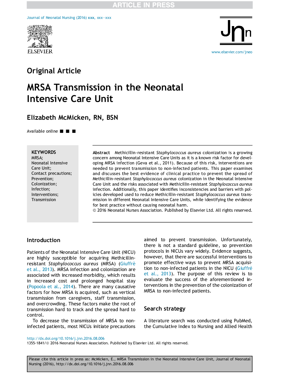MRSA Transmission in the Neonatal Intensive Care Unit