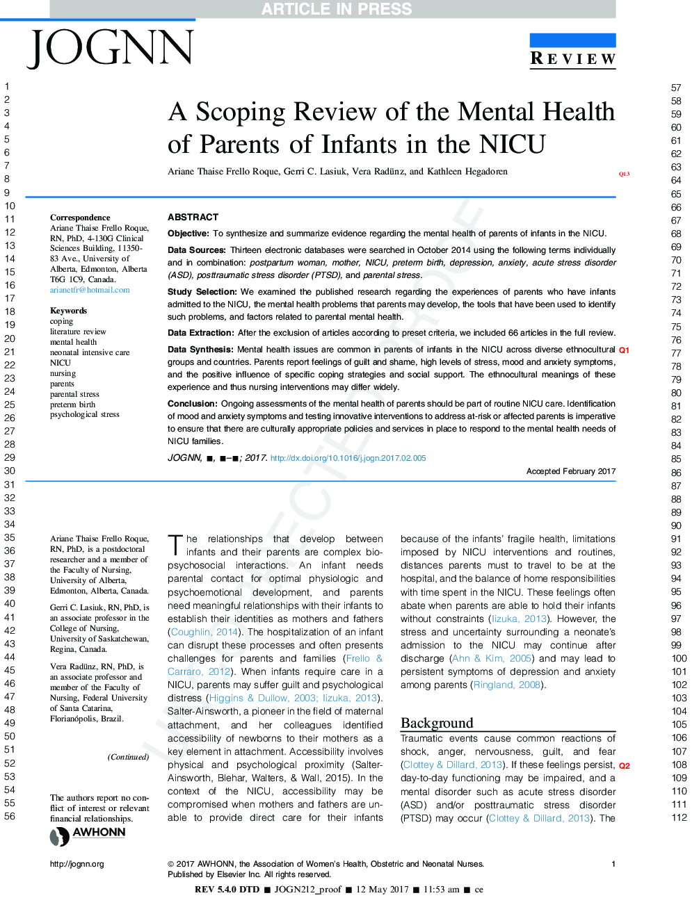 Scoping Review of the Mental Health of Parents of Infants in the NICU