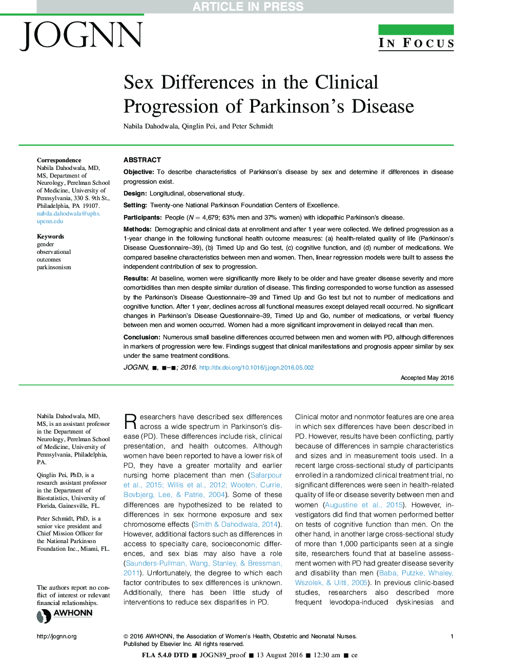 تفاوت های جنسی در پیشرفت بالینی بیماری پارکینسون 