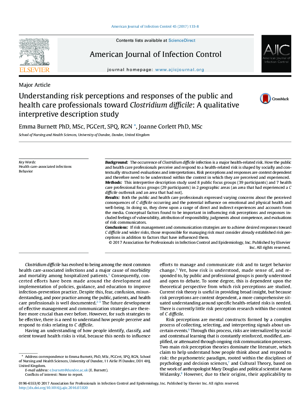 Understanding risk perceptions and responses of the public and health care professionals toward Clostridium difficile: A qualitative interpretive description study