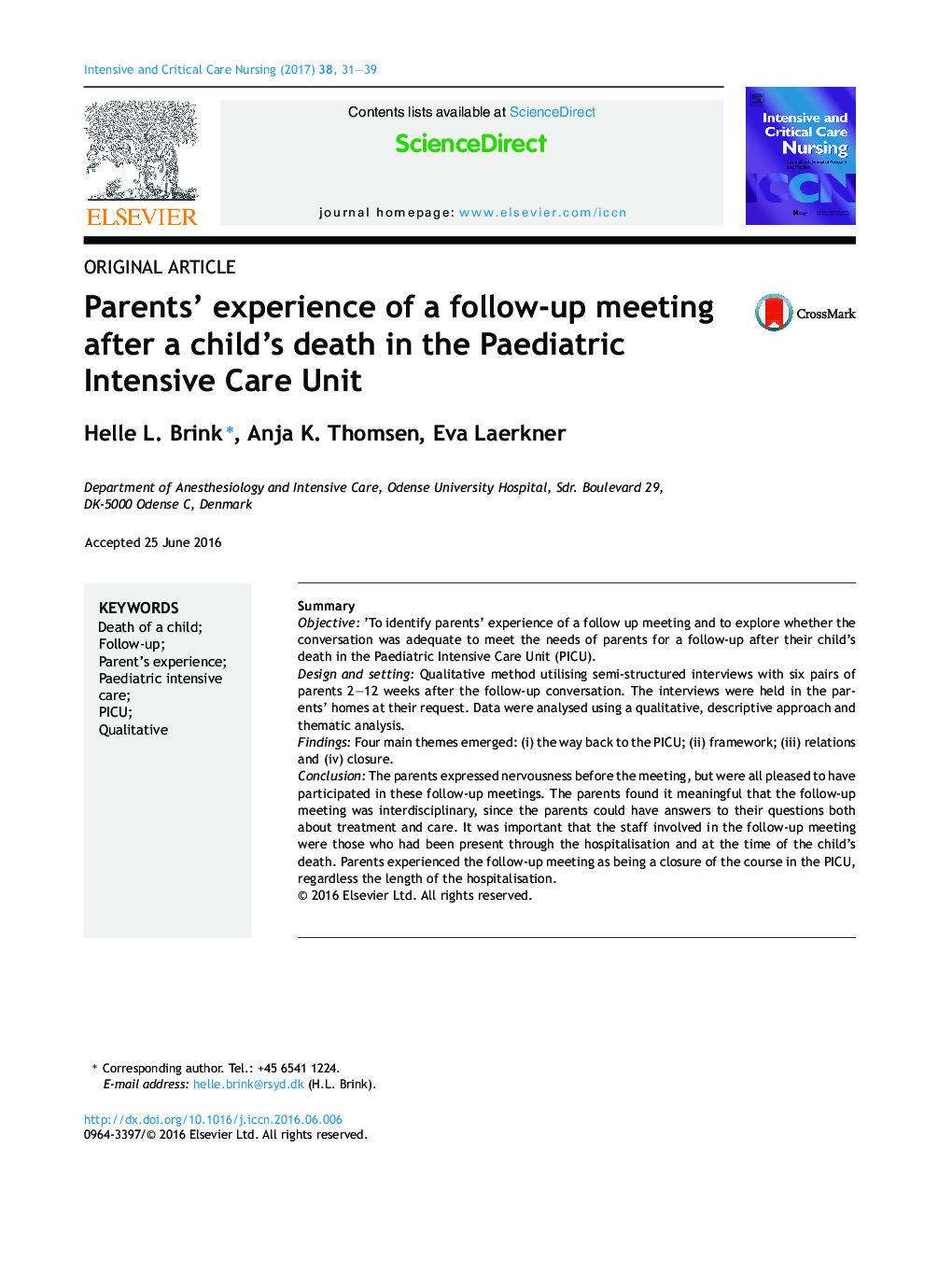 مقاله اصلی تجربه پارس از یک جلسه پیگیری پس از مرگ کودک در بخش مراقبت های ویژه کودکان 