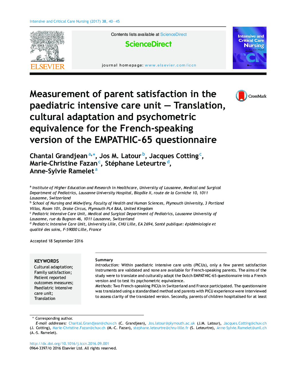 Measurement of parent satisfaction in the paediatric intensive care unit - Translation, cultural adaptation and psychometric equivalence for the French-speaking version of the EMPATHIC-65 questionnaire