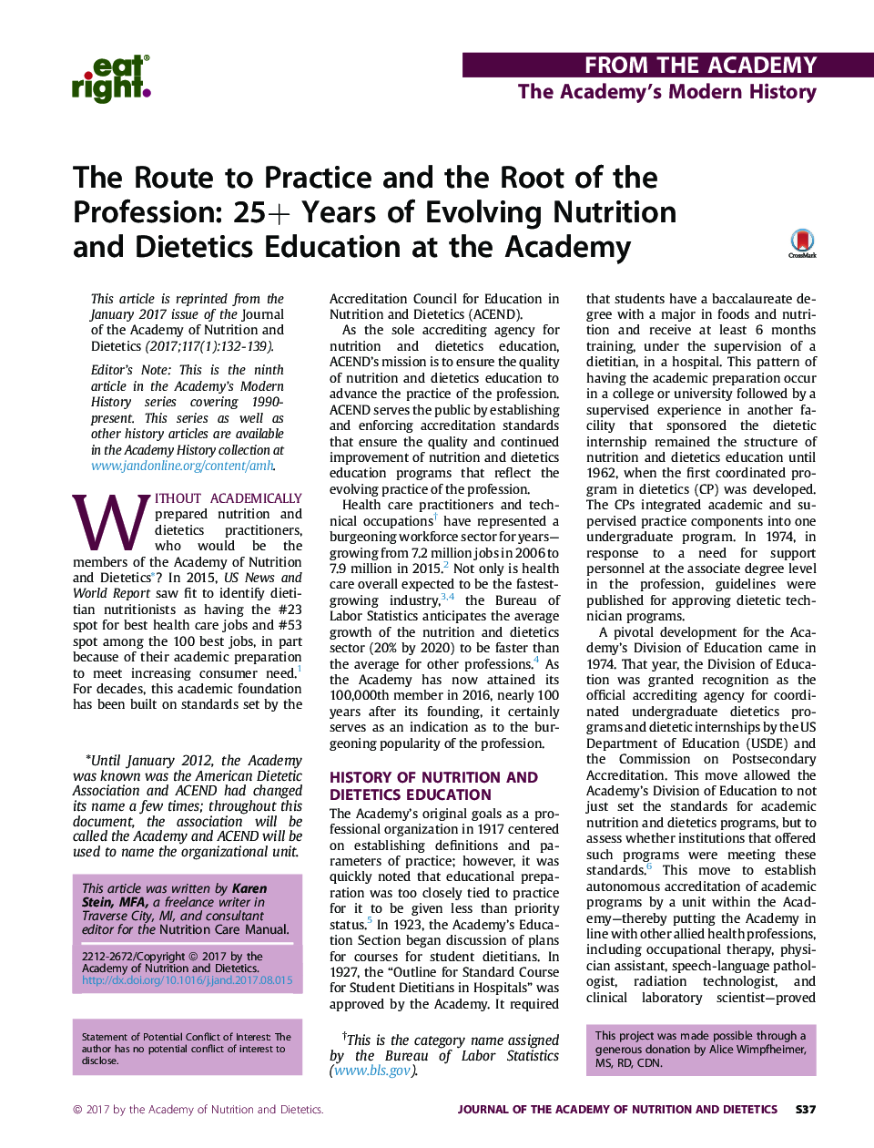 The Route to Practice and the Root of the Profession: 25+ Years of Evolving Nutrition andÂ Dietetics Education at the Academy