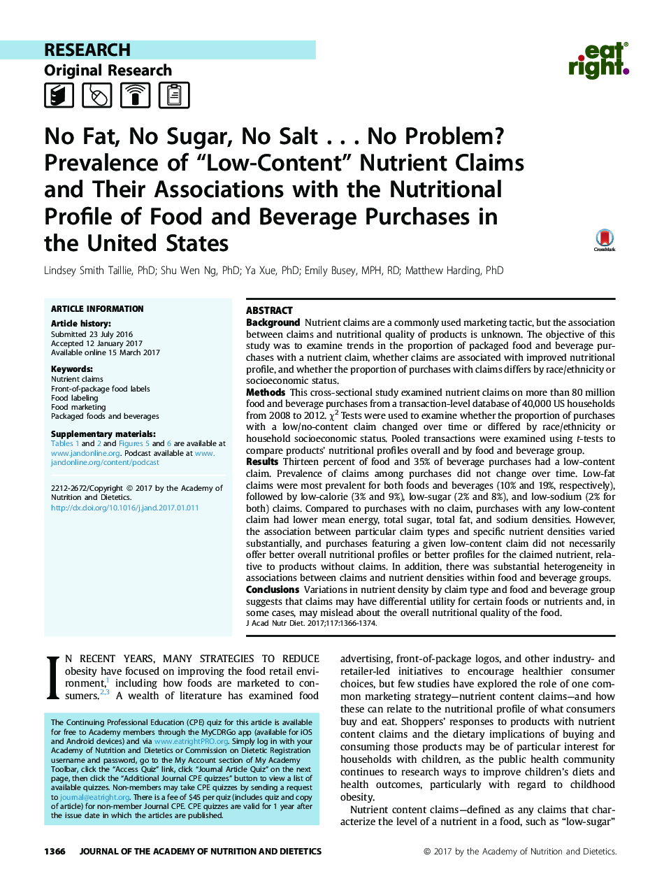 No Fat, No Sugar, No Salt . . . No Problem? Prevalence of “Low-Content” Nutrient Claims and Their Associations with the Nutritional Profile of Food and Beverage Purchases in theÂ United States