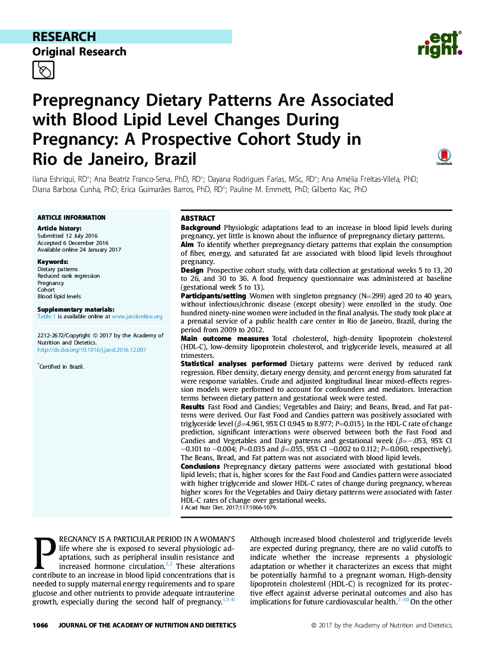 الگوهای رژیم غذایی قبل از زایمان مرتبط با تغییرات سطح چربی خون در دوران بارداری: یک مطالعه کوهورت چشمگیر در ریودوژانیرو، برزیل 