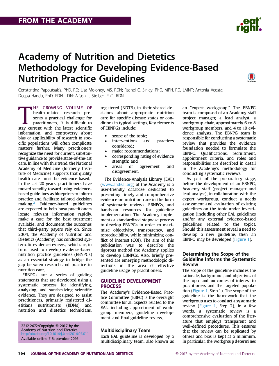 آکادمیک تغذیه و رژیم غذایی روش شناسی برای ایجاد دستورالعمل های تغذیه مبتنی بر شواهد 