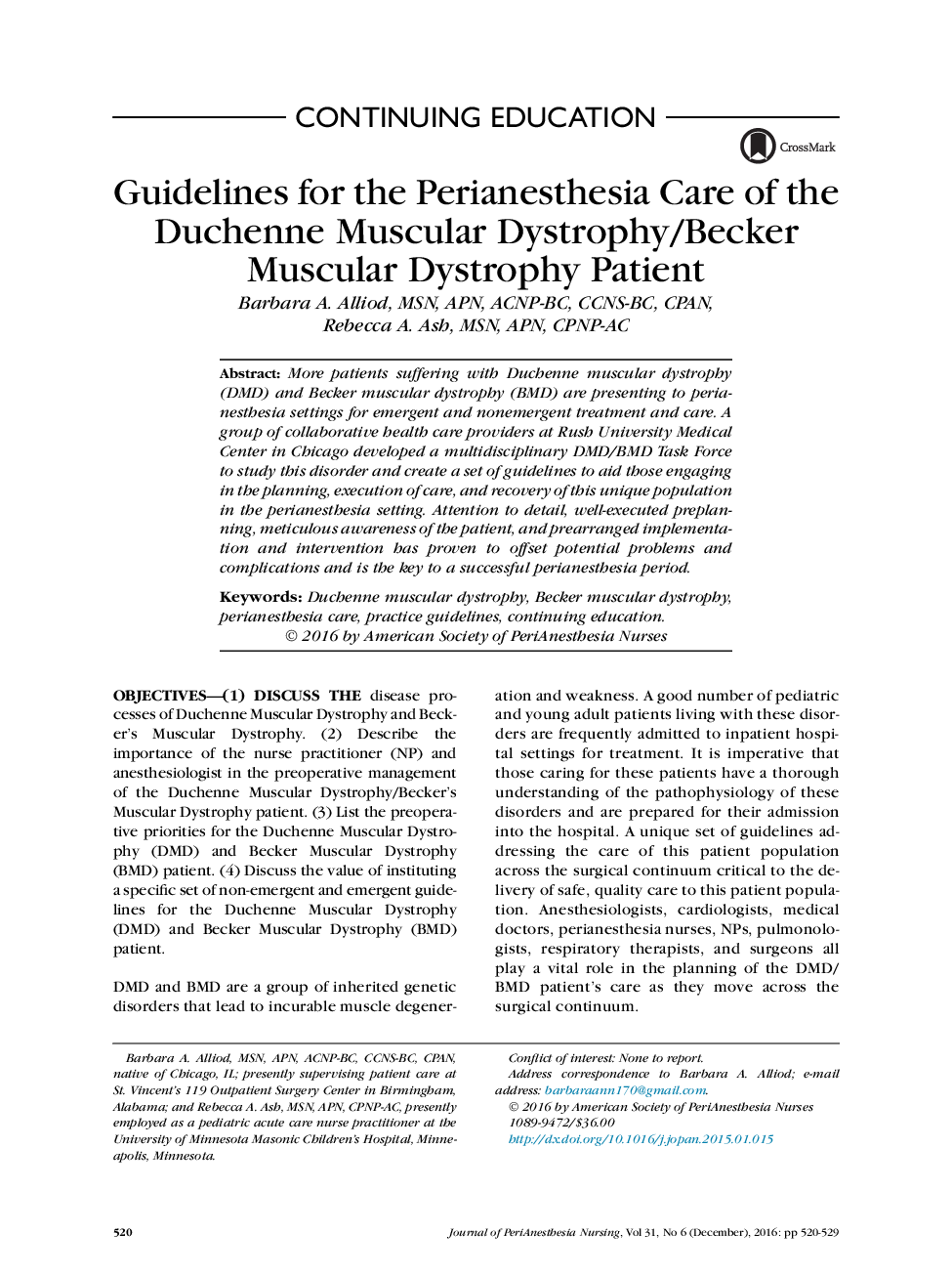 Guidelines for the Perianesthesia Care of the Duchenne Muscular Dystrophy/Becker Muscular Dystrophy Patient