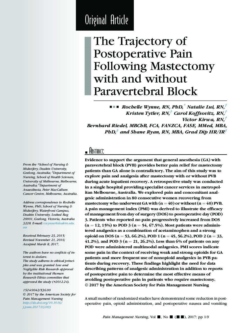 The Trajectory of Postoperative Pain Following Mastectomy with and without Paravertebral Block