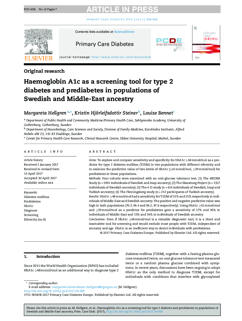 Haemoglobin A1c as a screening tool for type 2 diabetes and prediabetes in populations of Swedish and Middle-East ancestry