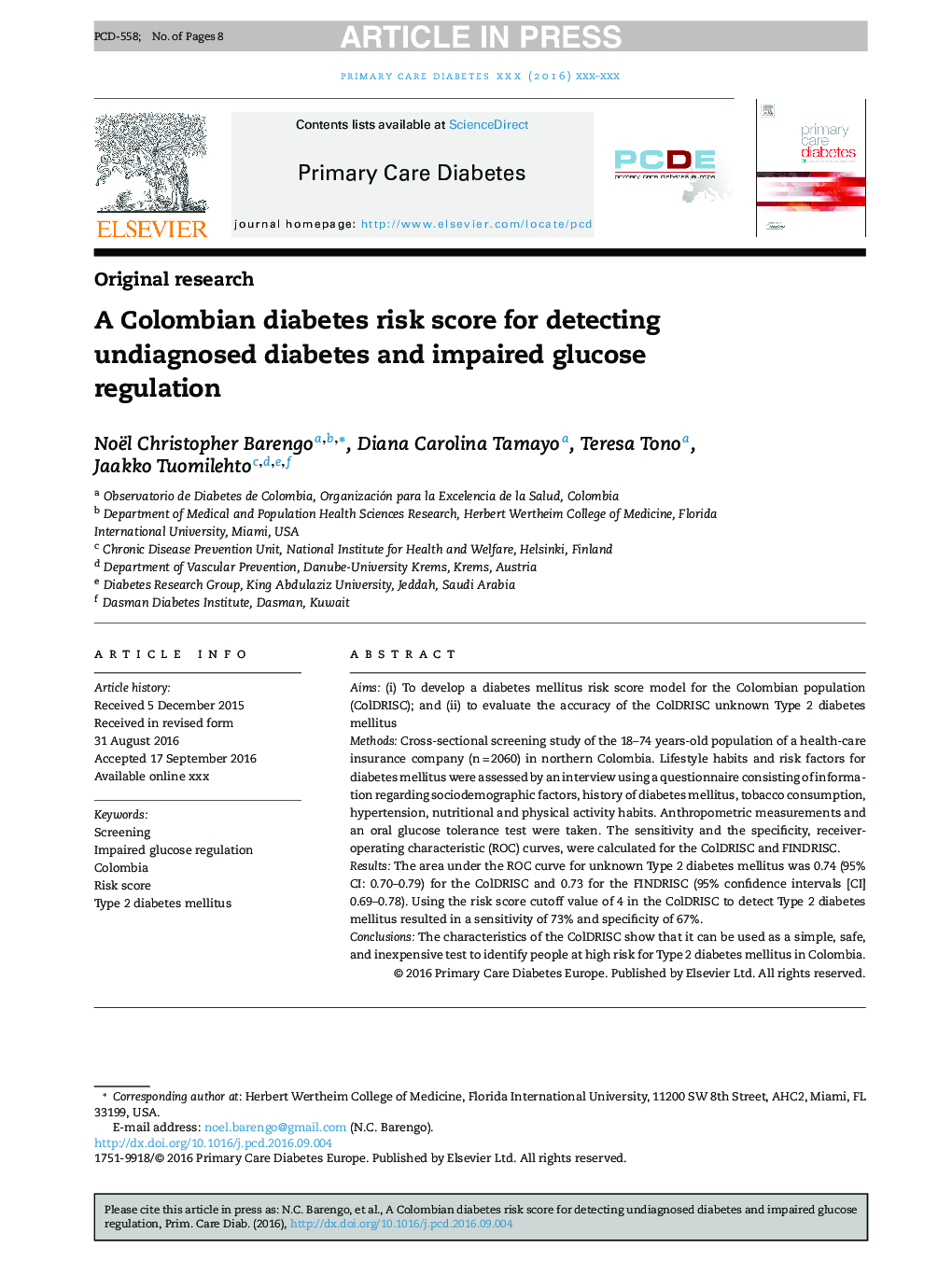 نمره ریسک ابتلا به دیابت کلمبیا برای تشخیص دیابت تشخیص داده شده و اختلال در تنظیم قند خون 