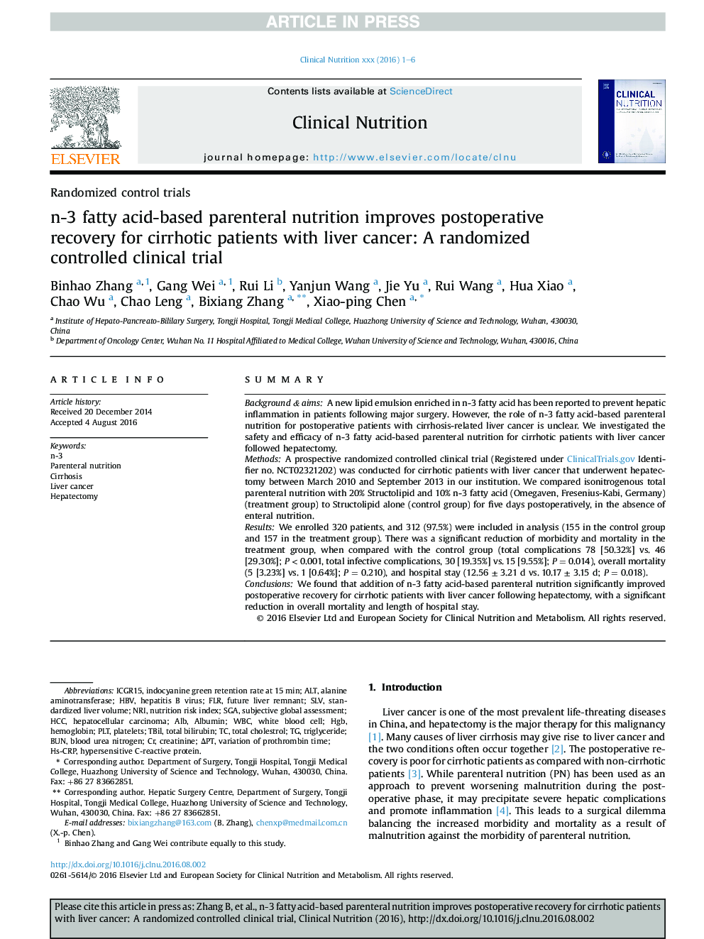 n-3 fatty acid-based parenteral nutrition improves postoperative recovery for cirrhotic patients with liver cancer: A randomized controlled clinical trial