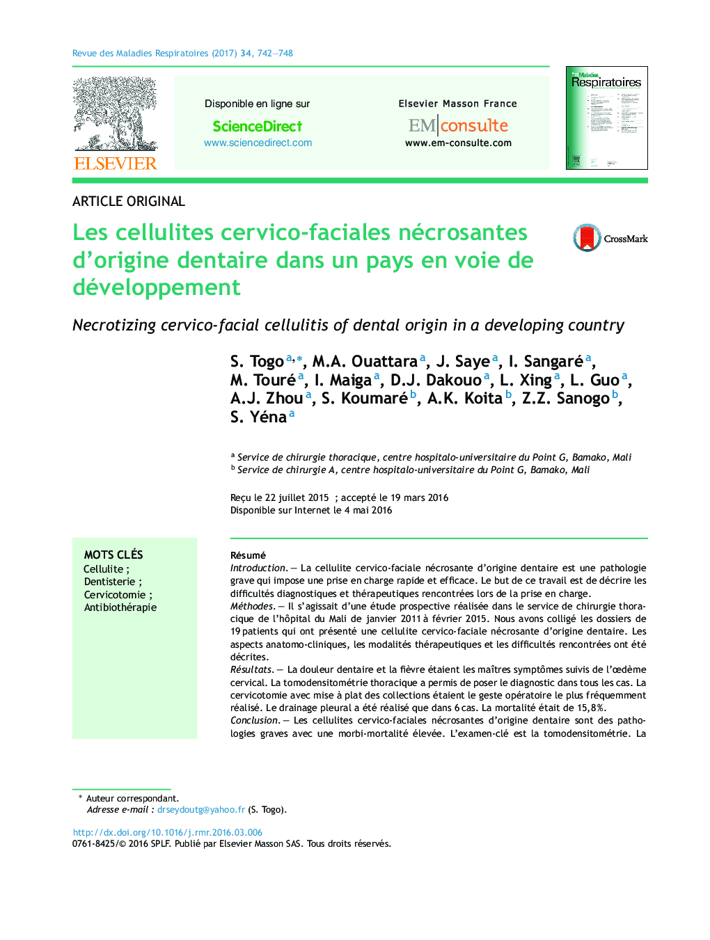 Les cellulites cervico-faciales nécrosantes d'origine dentaire dans un pays en voie de développement