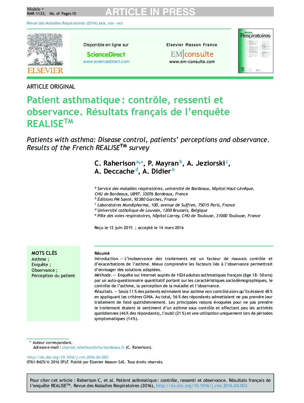 Patient asthmatiqueÂ : contrÃ´le, ressenti et observance. Résultats français de l'enquÃªte REALISEâ¢