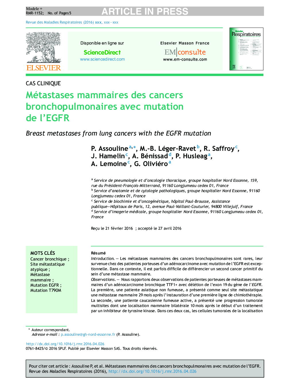 Métastases mammaires des cancers bronchopulmonaires avec mutation de l'EGFR