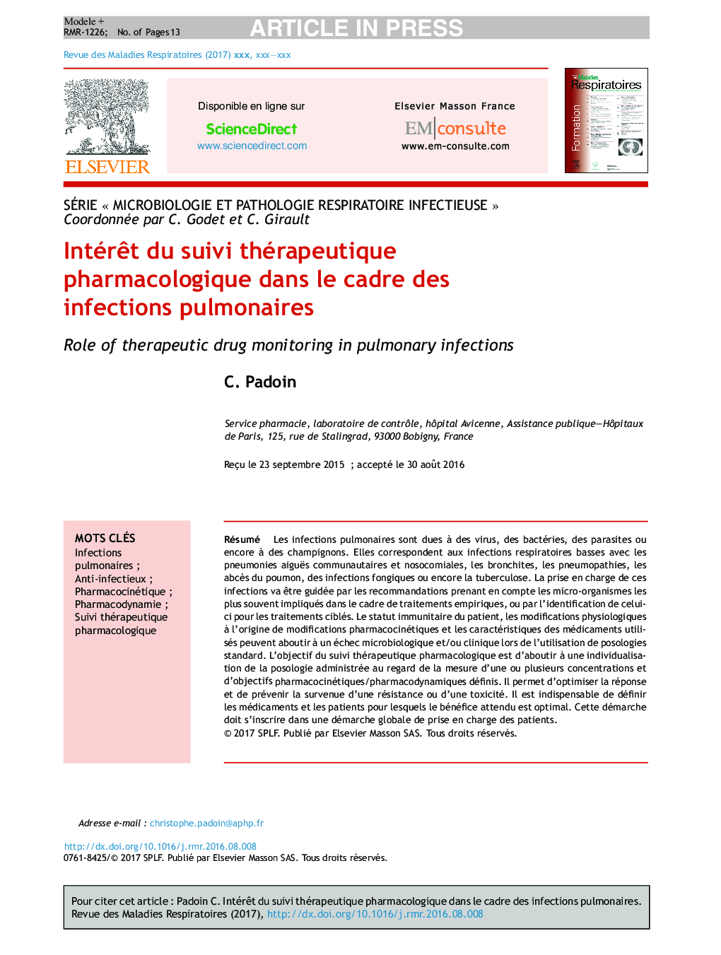 IntérÃªt du suivi thérapeutique pharmacologique dans le cadre des infections pulmonaires